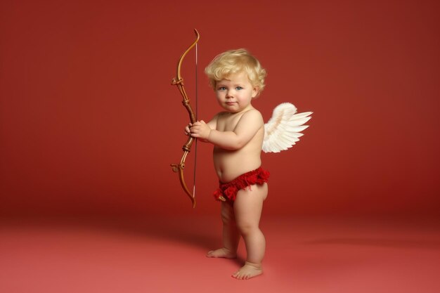 Sosteniendo el arco del bebé Cupido