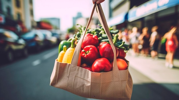 Sosteniendo una bolsa de frutas y verduras frente al puesto de comida en el mercado de agricultores