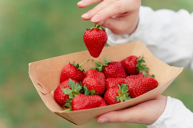 Sosteniendo la fresa en la mano. Fresas en placa ecológica desechables en pared verde