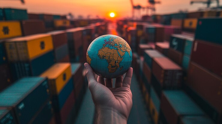 Sosteniendo un globo en medio de contenedores de envío al atardecer en un puerto bullicioso