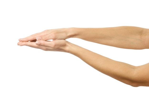 Foto sosteniendo o midiendo las manos mano de mujer con manicura francesa gesticulando aislado sobre fondo blanco parte de la serie