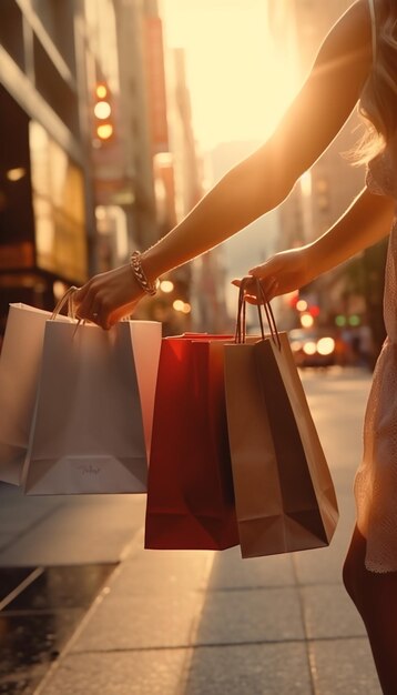 Foto sosteniendo papel bolsa de catering fondo borroso fuera de la ciudad calle sol