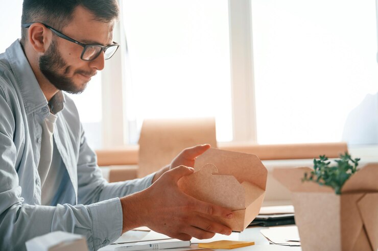 Foto sosteniendo una pequeña caja de madera el trabajador de la imprenta vestido de blanco está en el interior