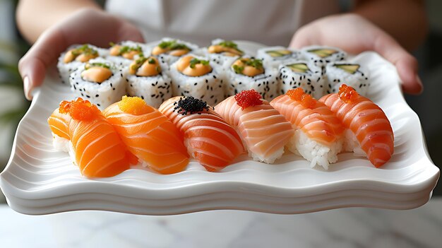 Sosteniendo un plato de comida de sushi en un fondo blanco