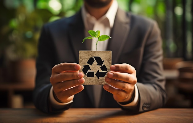 Sosteniendo una tarjeta verde con el símbolo de reciclaje una empresaria