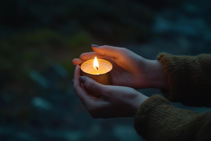 Sosteniendo una vela encendida a poca luz durante un momento de reflexión al aire libre IA generativa