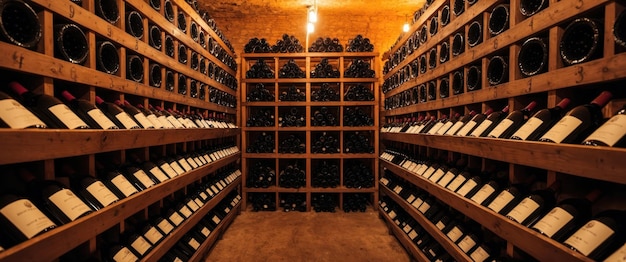 Un sótano bien iluminado lleno de filas de botellas de vino perfectas para degustar y almacenar.