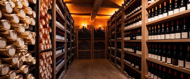 Un sótano bien iluminado lleno de filas de botellas de vino perfectas para degustar y almacenar.