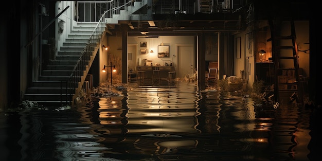 Sótano inundado con luz encendida