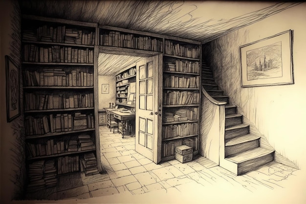 Sótano con pared de libros dibujo a lápiz