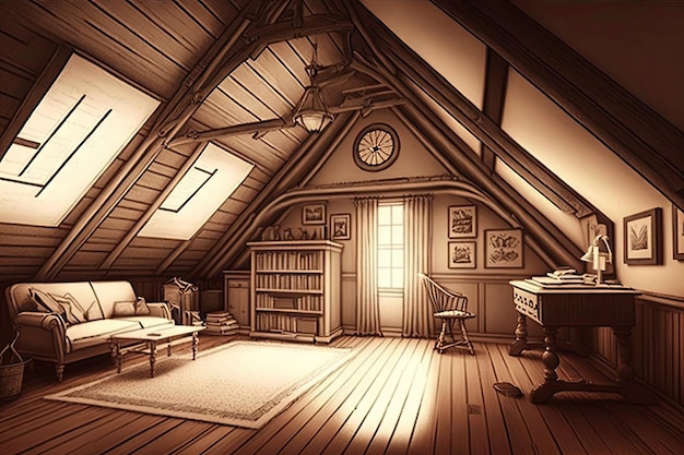 Foto sótão clássico com intrincados pisos de madeira e teto inclinado perfeito para esboço a lápis