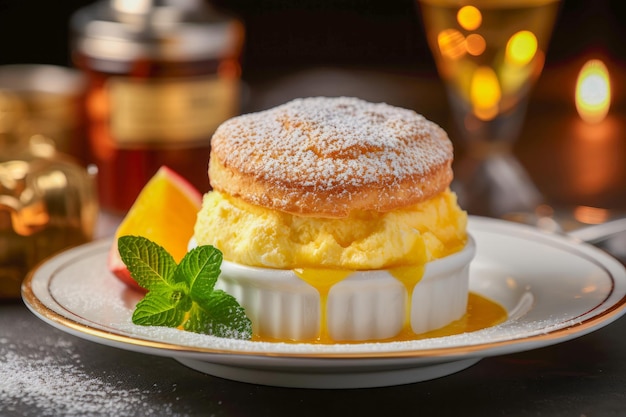 Soufflé, un postre esponjoso con infusión de cítricos, acompañado de una salsa tibia de coñac y licor de naranja amarga.