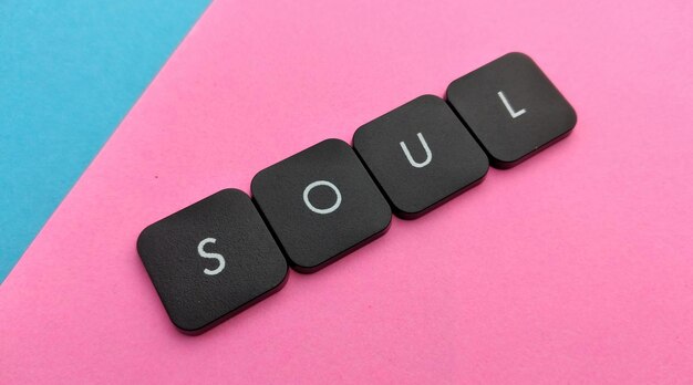 SOUL Wort in schwarzen Buchstaben auf rosa und blauem Hintergrund