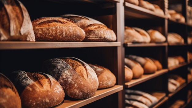 Foto sourdough-brot auf holzregalen bäckereiregal