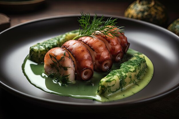 Sousvide-Oktopus-Tentakel, langsam gegart in Zitronen-Dill-Sauce, hergestellt mit generativer KI