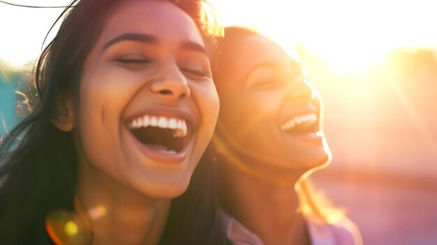 Foto south asian woman laughing with friend while on a jog generative ai