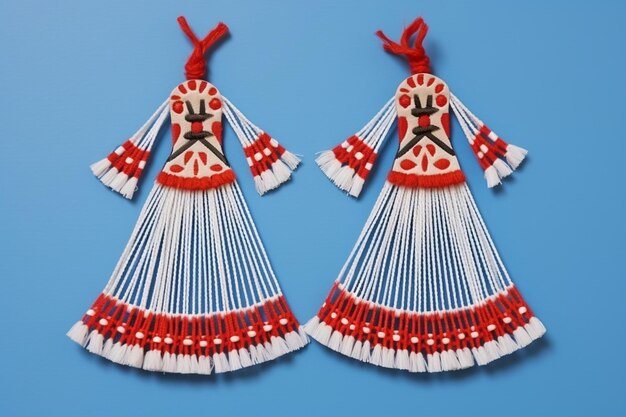 Souvenir martisor en forma de hombre y mujer sobre un fondo azul