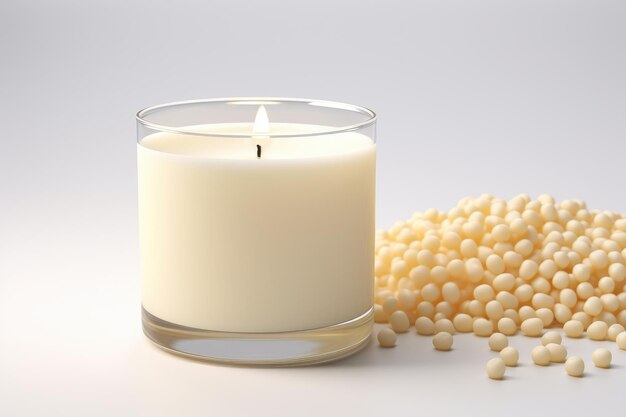 Foto soya iluminada un vaso de semillas de soya junto a una vela sobre un fondo transparente blanco o png