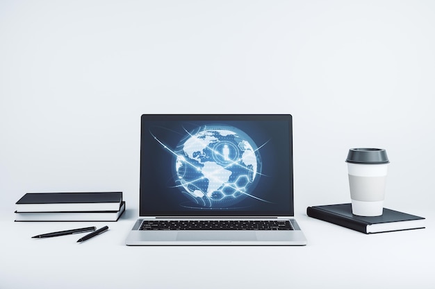 Soziales Netzwerkkonzept mit Weltkarte auf modernem Laptop-Bildschirm 3D-Rendering