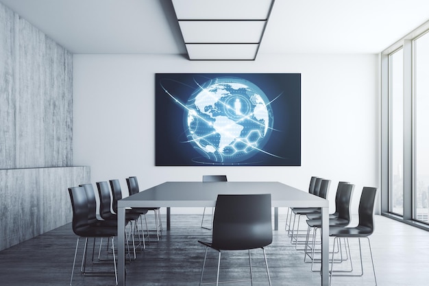 Soziales Netzwerkkonzept mit Weltkarte auf Präsentationsbildschirm in einem modernen Konferenzraum 3D-Rendering