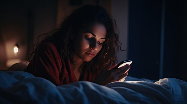 Sozinha, jovem desmotivada na cama, olhando para a tela do smartphone, sofre de distúrbio do sono, vida, apatia, geração de IA