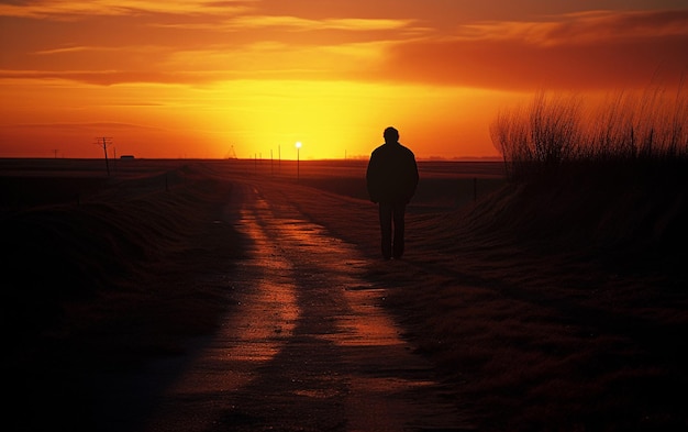 Sozinho no pôr-do-sol, abraça o homem solitário, caminha pela estrada solitária.