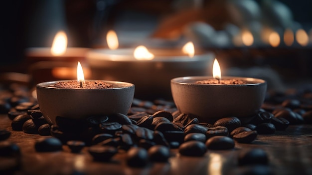 Spa ainda vida com velas aromáticas e grãos de café em backgroundgenerativeai de madeira