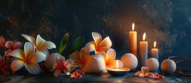 Spa-Arrangement mit Massageballen, Kerzen und Blumen vor dunkler Kulisse