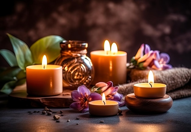 Spa bodegón con velas aromáticas y flores sobre un fondo de madera