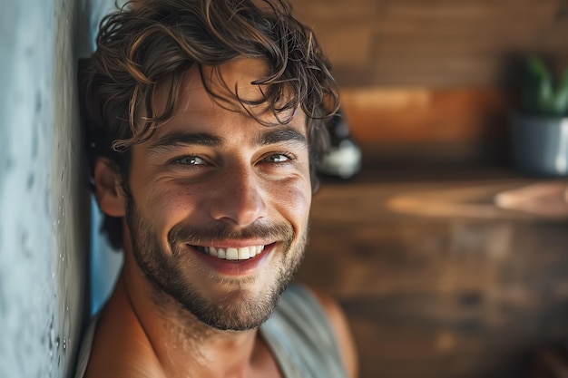 Foto spa casa de banho homens beleza de relaxamento retrato de um bonito homem adulto feliz com uma toalha sentado no banheiro e olhando para a câmera