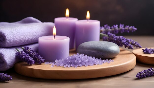 Spa com elementos de lavanda flores de lavanda velas pedras 1