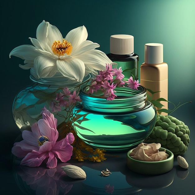 Spa cosméticos flores y piedras hermoso concepto AI generativa