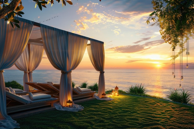 Foto spa de luxo com camas de dia com dossel no terraço da praia em pattaya