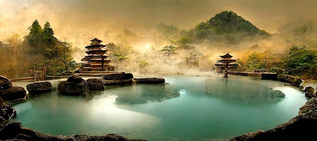 Spa de paisagem japonesa Renderização 3d de arquitetura antiga de fontes termais japonesas. Ilustração de varredura.