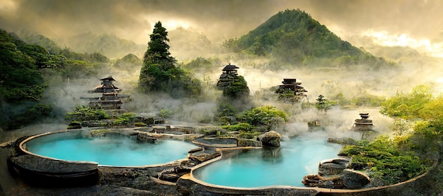 Spa de paisagem japonesa Renderização 3d de arquitetura antiga de fontes termais japonesas. Ilustração de varredura.