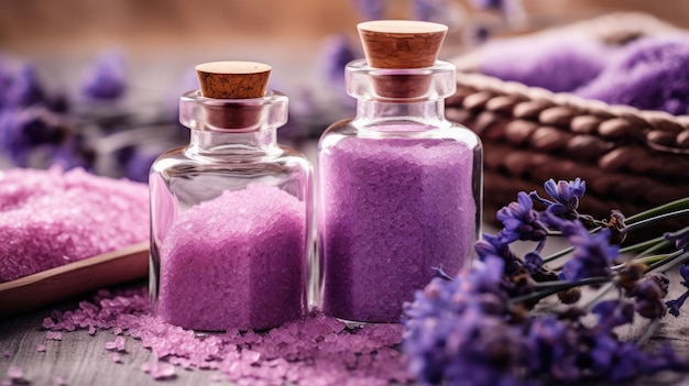 Spa-Einstellung mit Aromatherapie-Lavendel-Badesalz und Massageöl, KI generiert