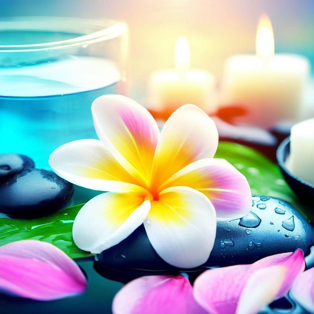 Un spa con flor de plumeria y velas.