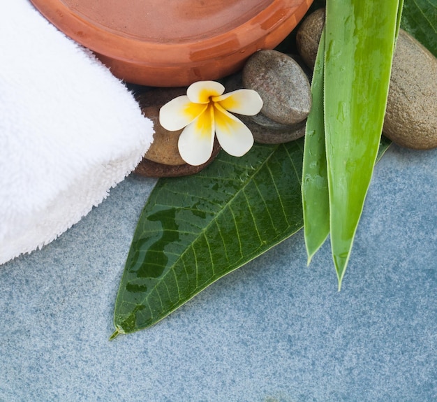 Spa flor tropical y toalla con piedras y tazón de agua