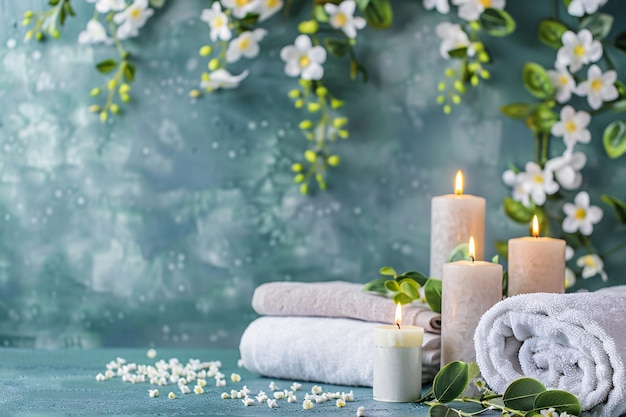 Spa-Hintergrund mit Kerzen, Handtüchern und Blumen mit Kopierraum