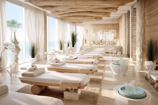 Spa inspirado en la costa con materiales naturales y decoración inspirada en la playa Diseño interior costero IA generativa