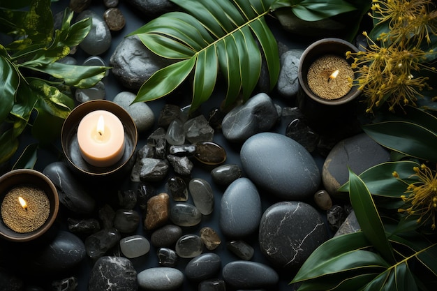 Spa-Kerzen und Steine, eingebettet in das üppige tropische Laub auf einem hellgrauen Generativen KI