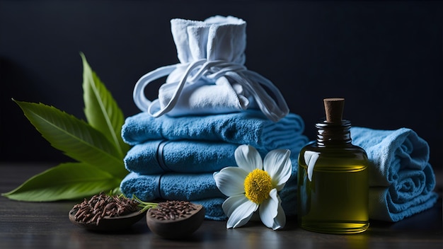 Spa-Komposition mit Handtüchern aromatisches Öl Laub auf einem Massagetafel im Wellness-Center