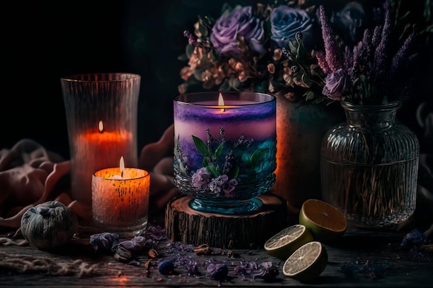 Spa-Komposition Stillleben mit Kerzen und Lavendel Generative AI