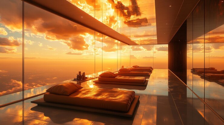 Foto spa moderno de luxo com vistas panorâmicas do pôr-do-sol através de janelas de vidro do chão e do teto