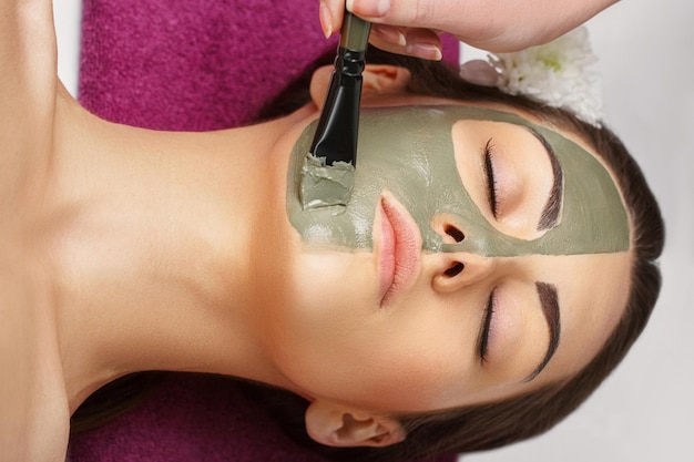 Spa mujer aplicando mascarilla de arcilla facial tratamientos de belleza