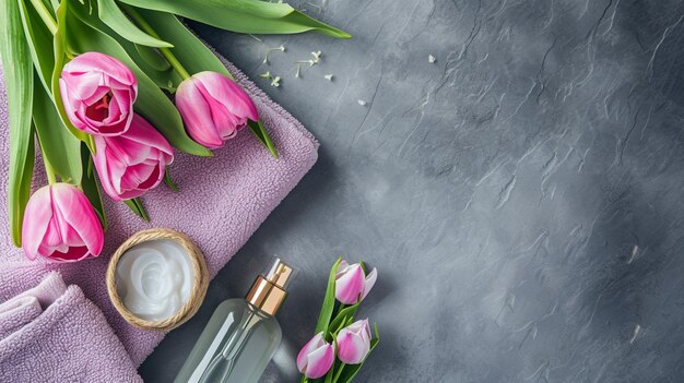 Foto spa naturopático de luxo com loção e tulipas