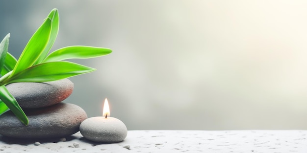 Spa relaxa e banner cinza sustentável com pedras de massagem de velas acesas e folhas verdes