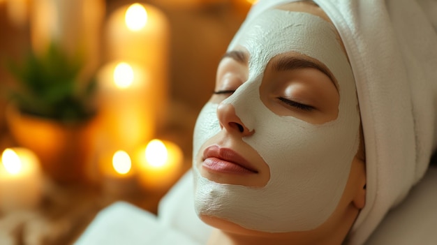 Spa salón de belleza mujer cara con una máscara calmante abrazando la relajación ambiente tranquilo momento de rejuvenecimiento y belleza en medio del mundo bullicioso