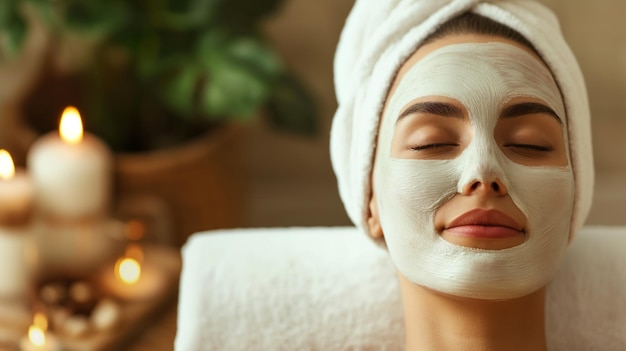 Spa salón de belleza mujer cara con una máscara calmante abrazando la relajación ambiente tranquilo momento de rejuvenecimiento y belleza en medio del mundo bullicioso