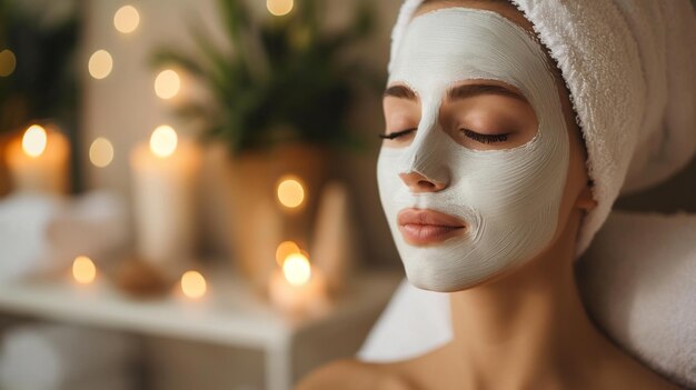 Spa salón de belleza mujer cara con una máscara calmante abrazando la relajación ambiente tranquilo momento de rejuvenecimiento y belleza en medio del mundo bullicioso